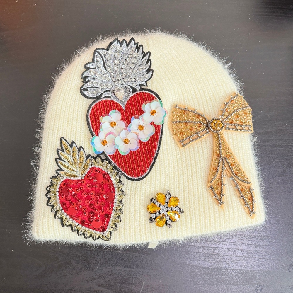 Anthropologie Embellished Patch Heart Bow Beanie Ivory Fuzzy Knit Beaded Hat